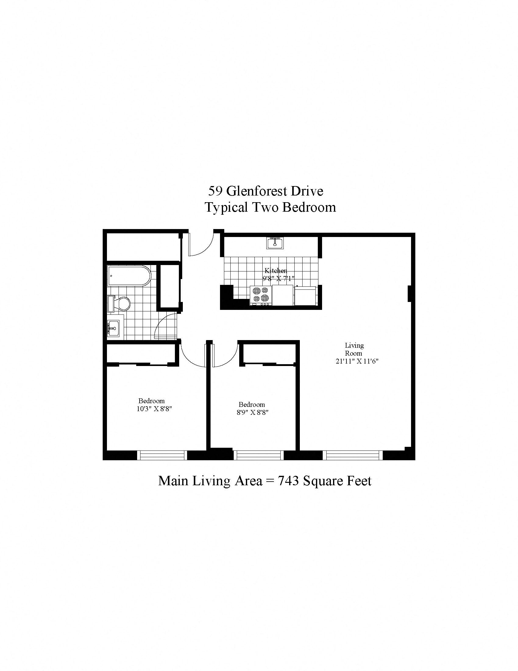 Floor plan for 2 beds, 1 bath, 743 sqft